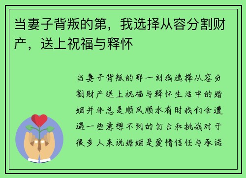 当妻子背叛的第，我选择从容分割财产，送上祝福与释怀