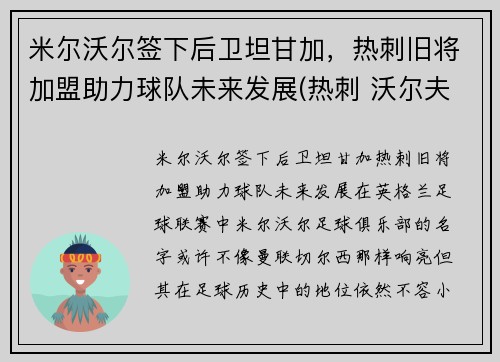 米尔沃尔签下后卫坦甘加，热刺旧将加盟助力球队未来发展(热刺 沃尔夫)