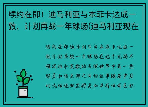 续约在即！迪马利亚与本菲卡达成一致，计划再战一年球场(迪马利亚现在在哪个队)