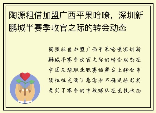 陶源租借加盟广西平果哈嘹，深圳新鹏城半赛季收官之际的转会动态