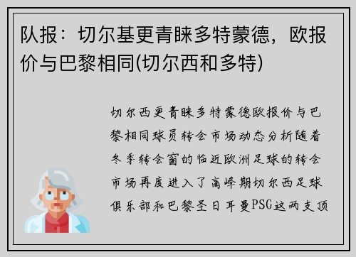 队报：切尔基更青睐多特蒙德，欧报价与巴黎相同(切尔西和多特)